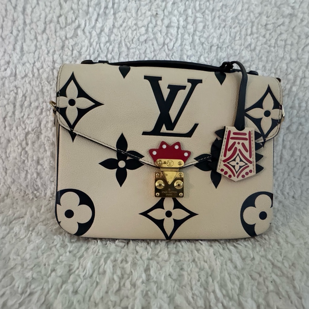 Designer Cream & Black Monogram Leather Crossbody with Red Tag Accent